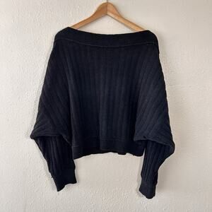 Free People Women's S Black Ribbed Knit Cropped Sweater Boat Neck Long Sleeve